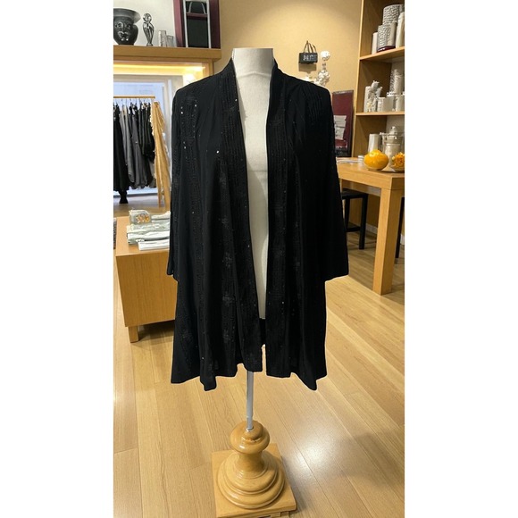Susan Graver Black Sequin Embellished Lightweight Open Front Kimono Cardigan 1X - Picture 1 of 10